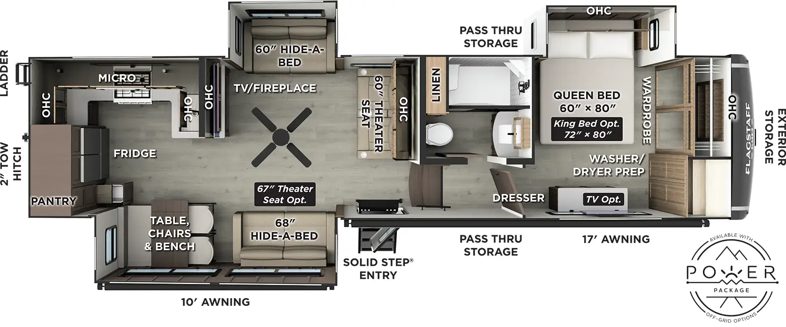 The Flagstaff Classic Fifth Wheels F371RK floorplan has one entry and three slide outs. Exterior features include: fiberglass exterior and 11' & 17' awning. Interiors features include: rear kitchen and front bedroom.